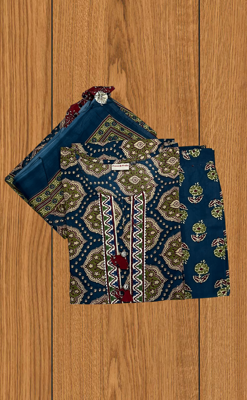 Indigo Blue Ethnic Print Jaipur Cotton Kurti With Pant And Dupatta Set. Pure Versatile Cotton. | Laces and Frills