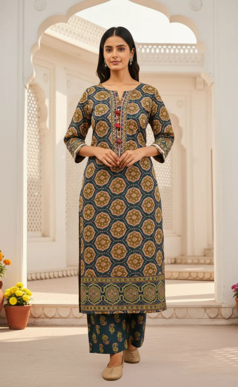 Indigo Blue Ethnic Print Jaipur Cotton Kurti With Pant And Dupatta Set. Pure Versatile Cotton. | Laces and Frills