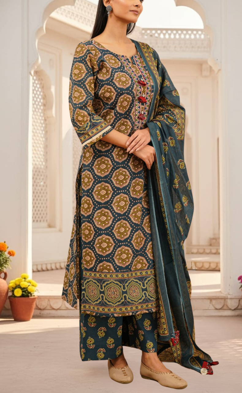 Indigo Blue Ethnic Print Jaipur Cotton Kurti With Pant And Dupatta Set. Pure Versatile Cotton. | Laces and Frills