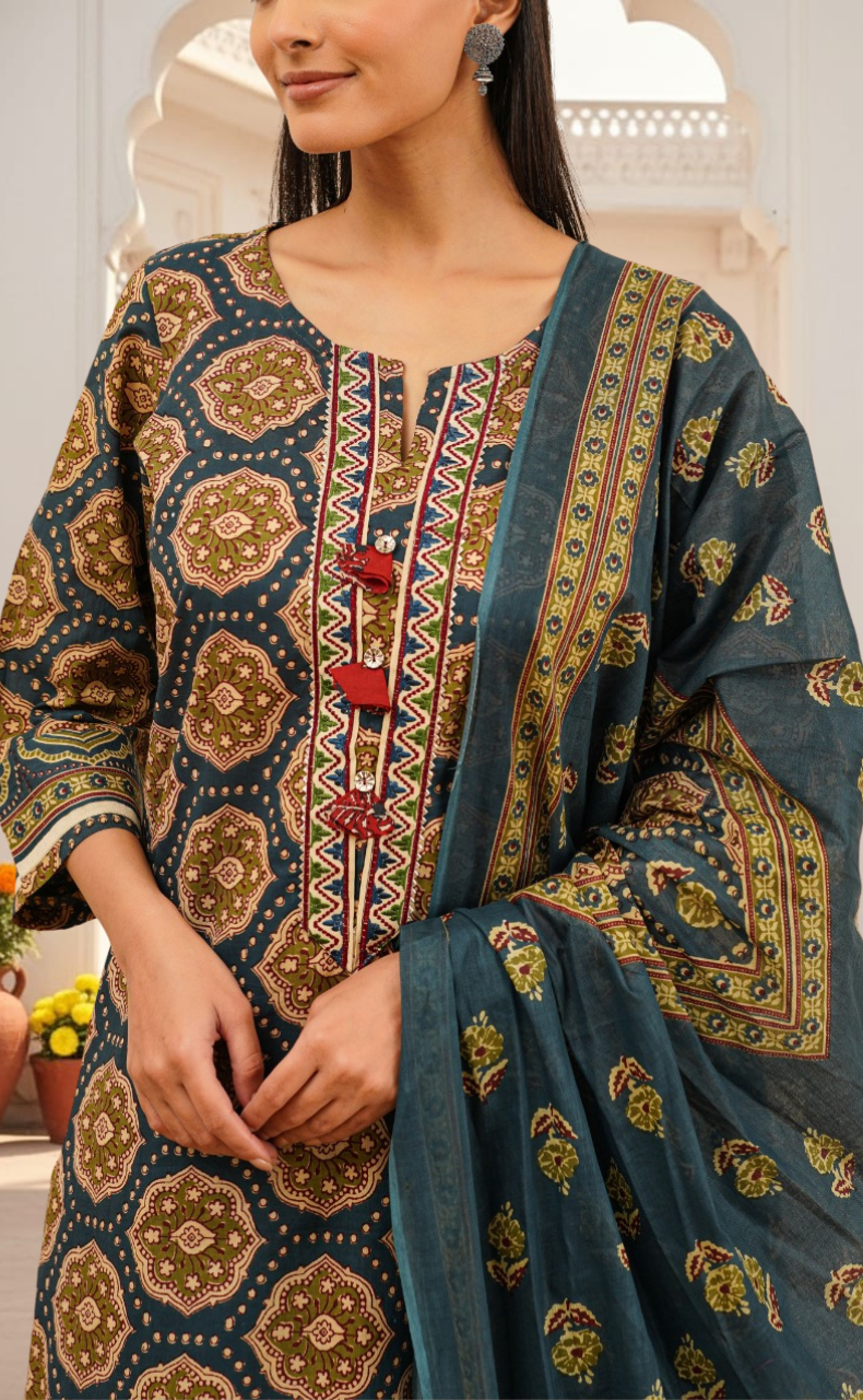 Indigo Blue Ethnic Print Jaipur Cotton Kurti With Pant And Dupatta Set. Pure Versatile Cotton. | Laces and Frills