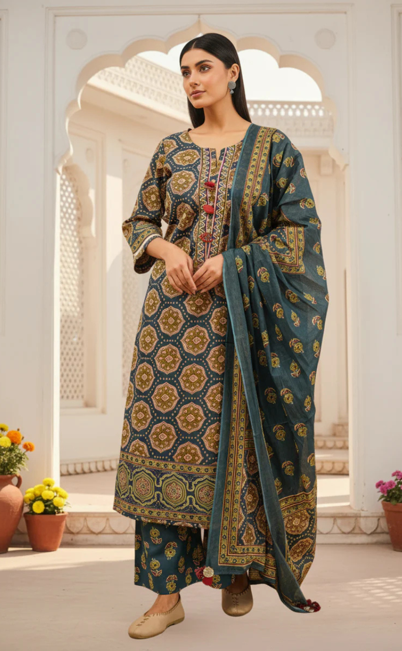 Indigo Blue Ethnic Print Jaipur Cotton Kurti With Pant And Dupatta Set. Pure Versatile Cotton. | Laces and Frills