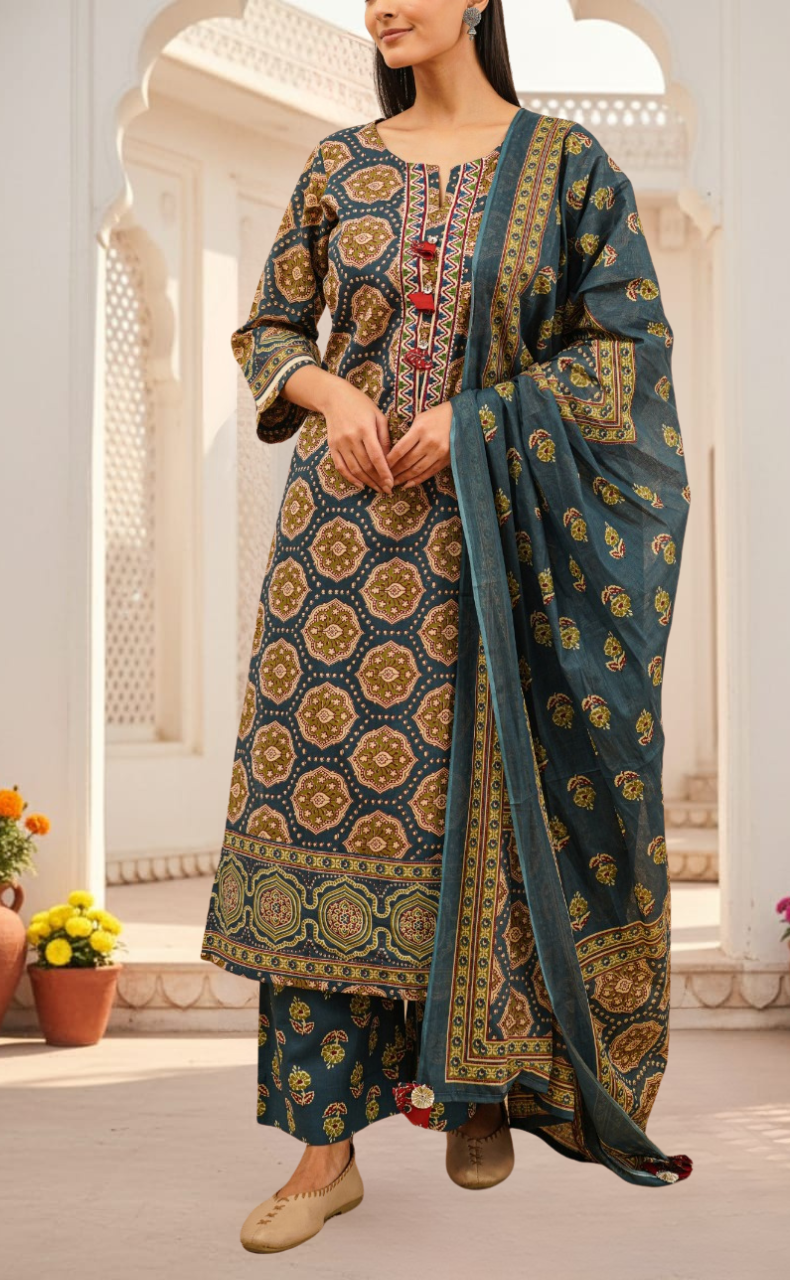 Indigo Blue Ethnic Print Jaipur Cotton Kurti With Pant And Dupatta Set. Pure Versatile Cotton. | Laces and Frills