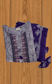 Purple Ethnic Print Jaipur Cotton Kurti With Pant And Dupatta Set. Pure Versatile Cotton. | Laces and Frills