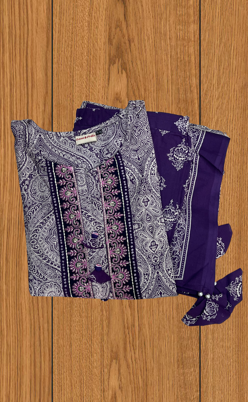 Purple Ethnic Print Jaipur Cotton Kurti With Pant And Dupatta Set. Pure Versatile Cotton. | Laces and Frills