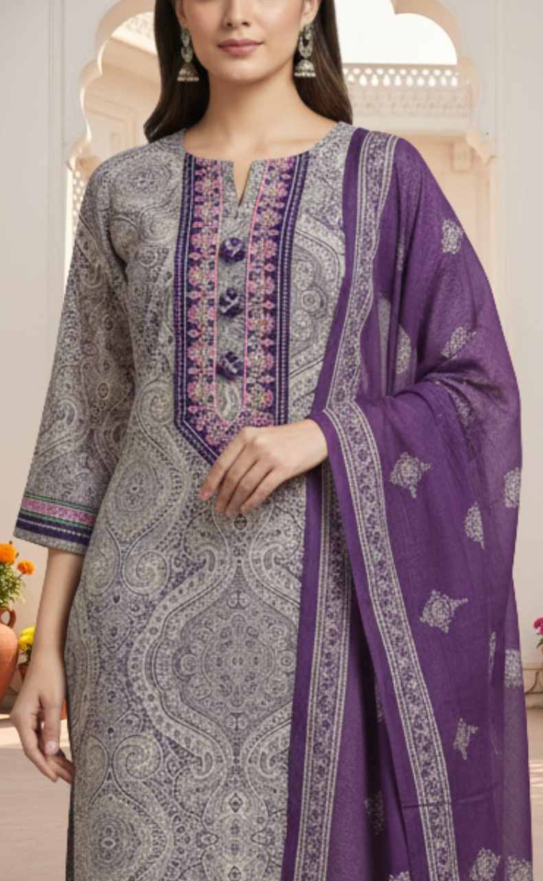Purple Ethnic Print Jaipur Cotton Kurti With Pant And Dupatta Set. Pure Versatile Cotton. | Laces and Frills