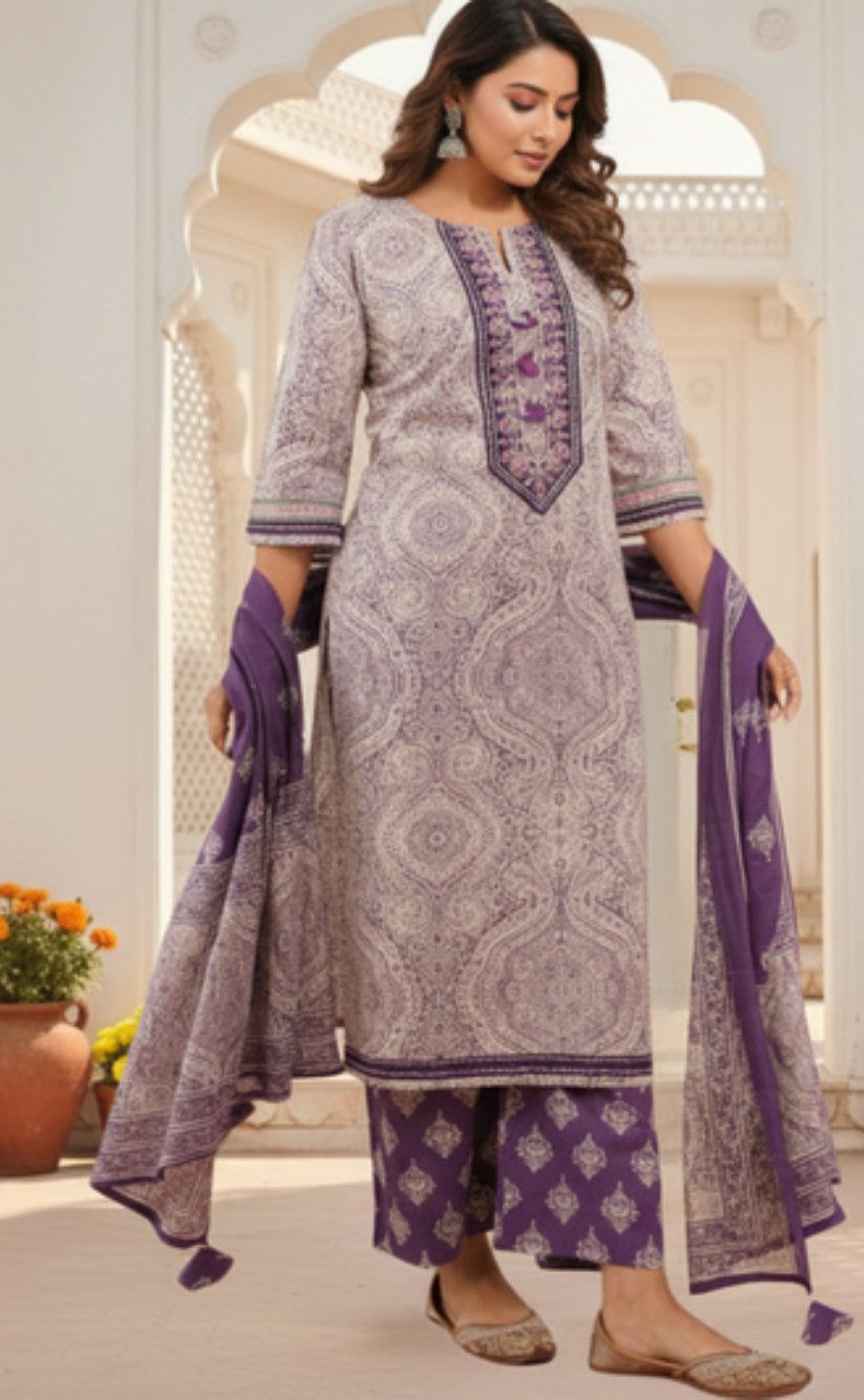 Purple Ethnic Print Jaipur Cotton Kurti With Pant And Dupatta Set. Pure Versatile Cotton. | Laces and Frills