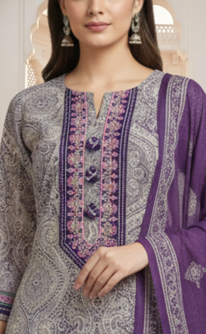 Purple Ethnic Print Jaipur Cotton Kurti With Pant And Dupatta Set. Pure Versatile Cotton. | Laces and Frills