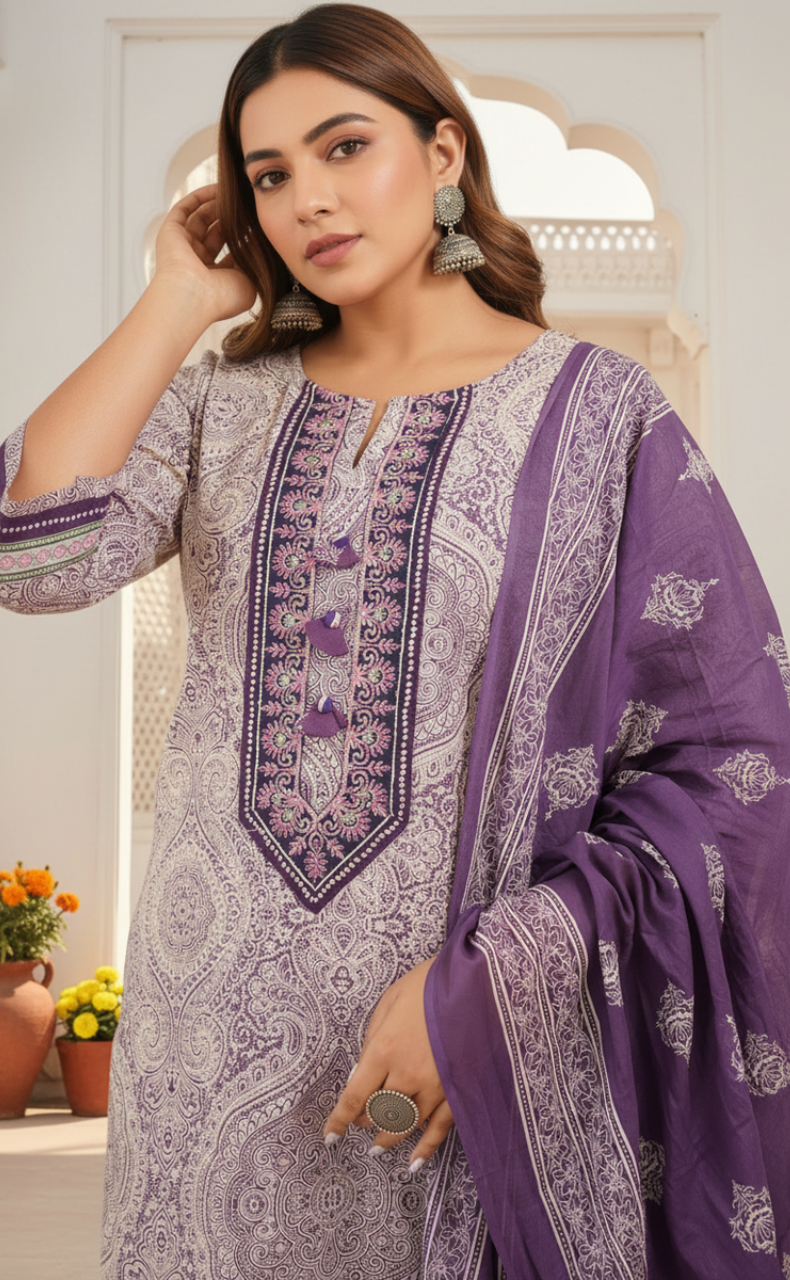 Purple Ethnic Print Jaipur Cotton Kurti With Pant And Dupatta Set. Pure Versatile Cotton. | Laces and Frills
