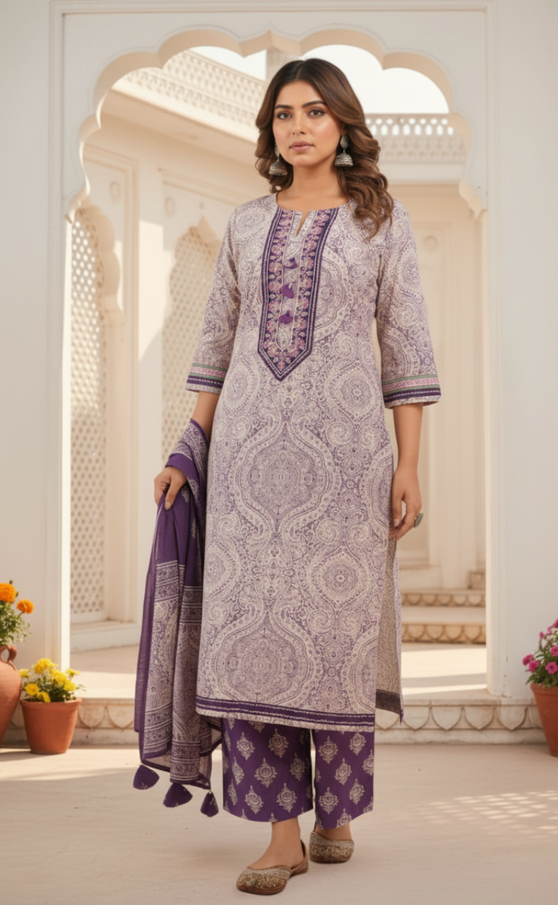 Purple Ethnic Print Jaipur Cotton Kurti With Pant And Dupatta Set. Pure Versatile Cotton. | Laces and Frills