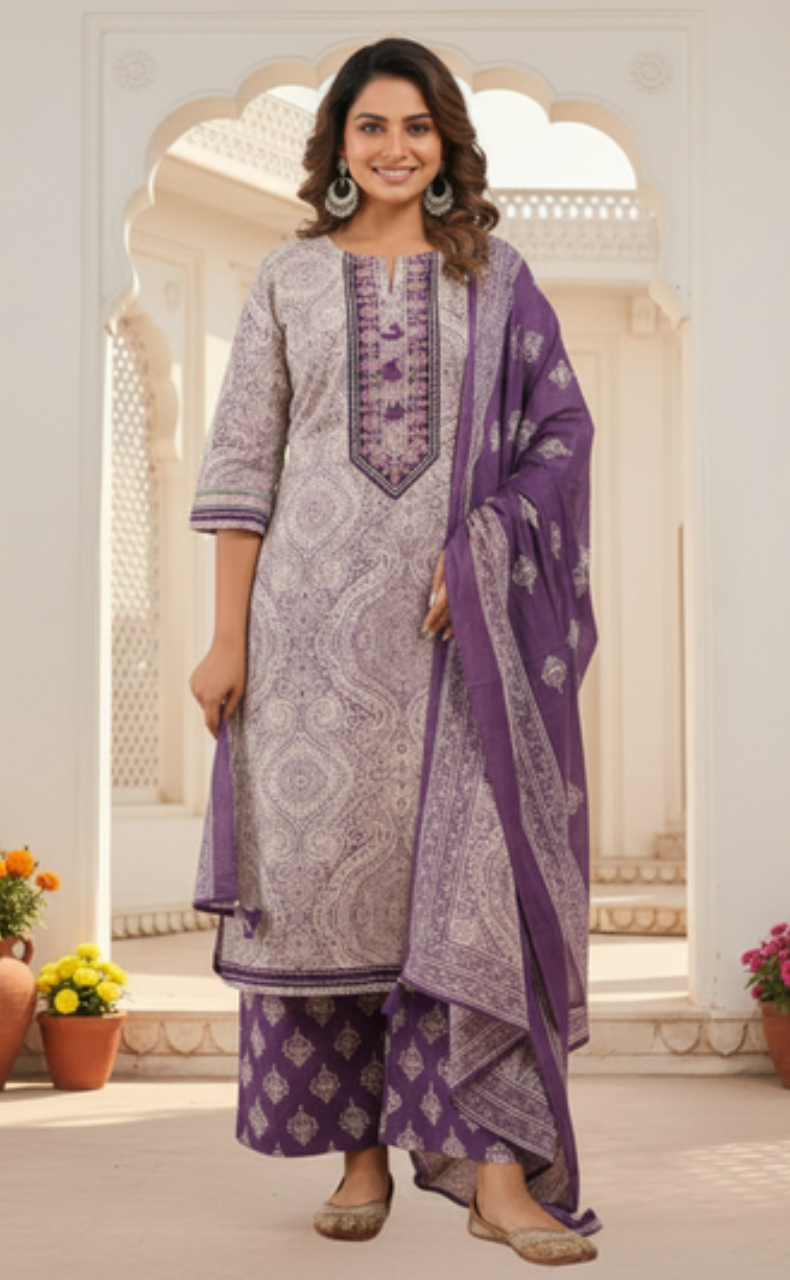 Purple Ethnic Print Jaipur Cotton Kurti With Pant And Dupatta Set. Pure Versatile Cotton. | Laces and Frills