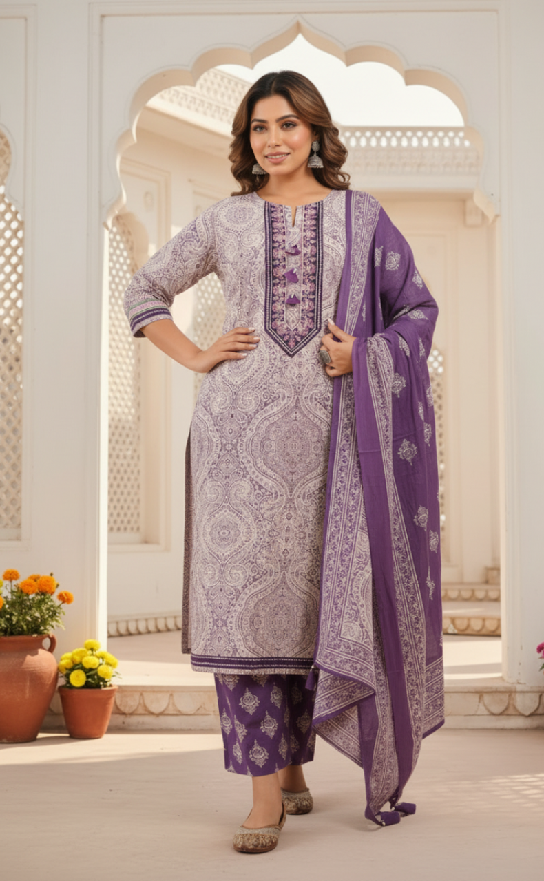 Purple Ethnic Print Jaipur Cotton Kurti With Pant And Dupatta Set. Pure Versatile Cotton. | Laces and Frills