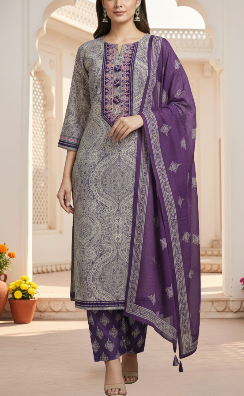 Purple Ethnic Print Jaipur Cotton Kurti With Pant And Dupatta Set. Pure Versatile Cotton. | Laces and Frills