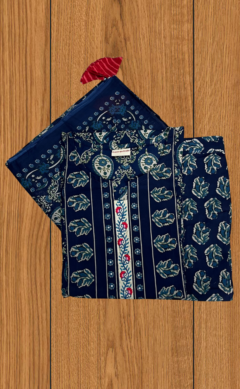 Blue Floral Jaipur Cotton Kurti With Pant And Dupatta Set. Pure Versatile Cotton. | Laces and Frills