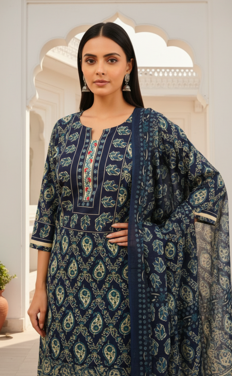 Blue Floral Jaipur Cotton Kurti With Pant And Dupatta Set. Pure Versatile Cotton. | Laces and Frills