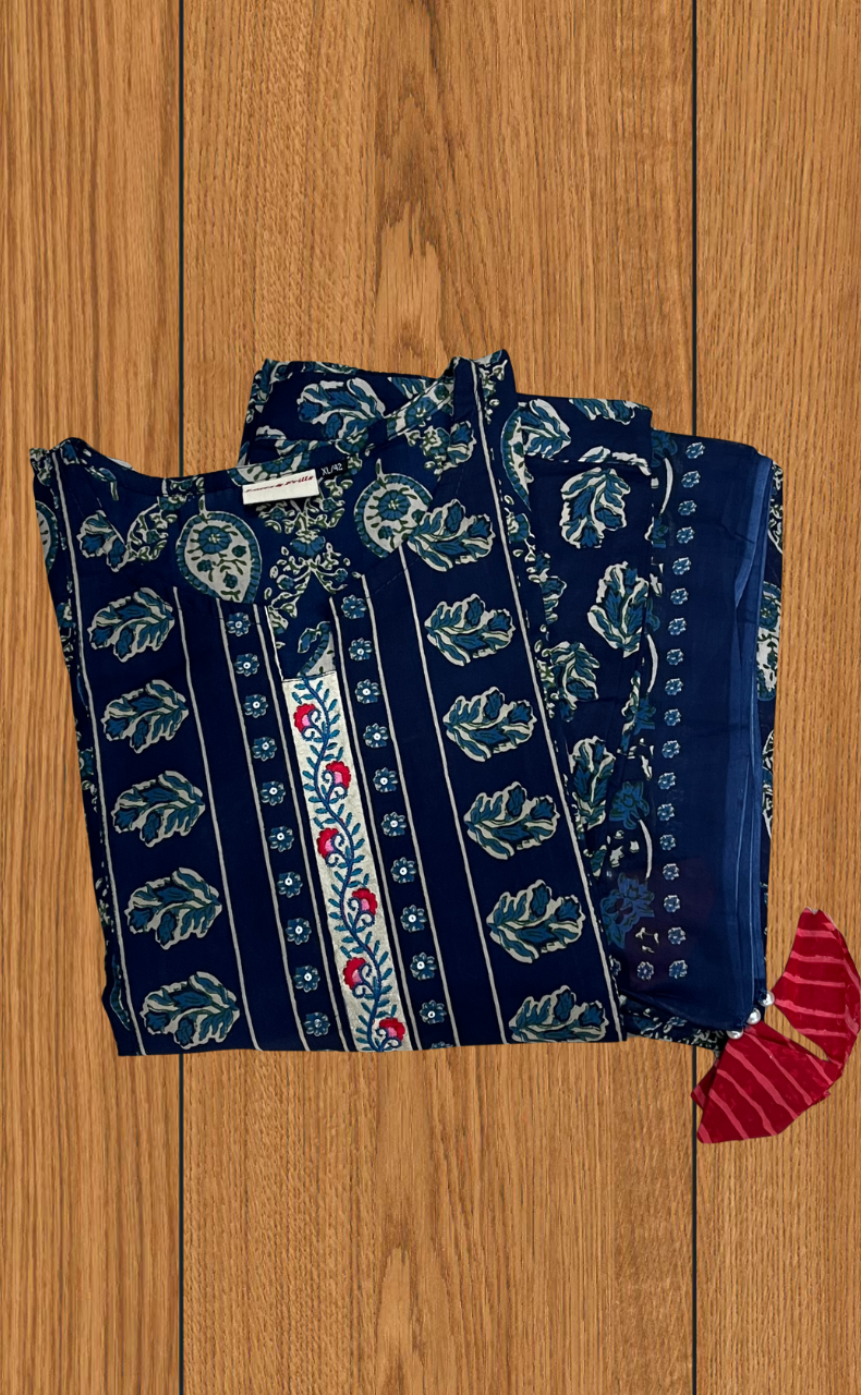 Blue Floral Jaipur Cotton Kurti With Pant And Dupatta Set. Pure Versatile Cotton. | Laces and Frills