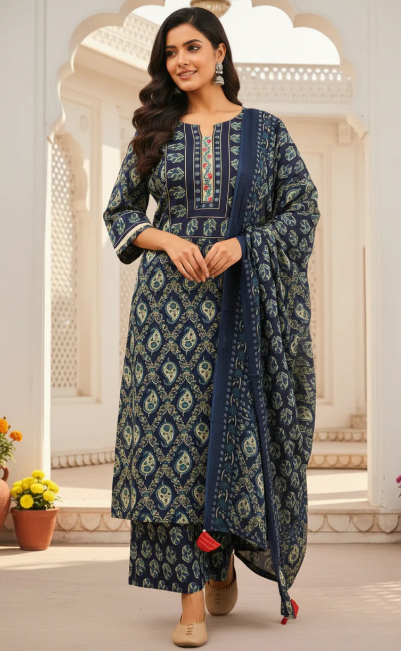 Blue Floral Jaipur Cotton Kurti With Pant And Dupatta Set. Pure Versatile Cotton. | Laces and Frills