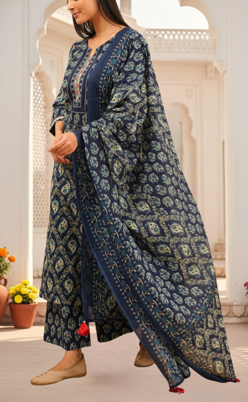 Blue Floral Jaipur Cotton Kurti With Pant And Dupatta Set. Pure Versatile Cotton. | Laces and Frills