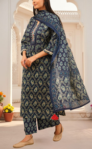 Blue Floral Jaipur Cotton Kurti With Pant And Dupatta Set. Pure Versatile Cotton. | Laces and Frills