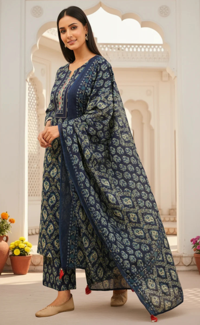 Blue Floral Jaipur Cotton Kurti With Pant And Dupatta Set. Pure Versatile Cotton. | Laces and Frills
