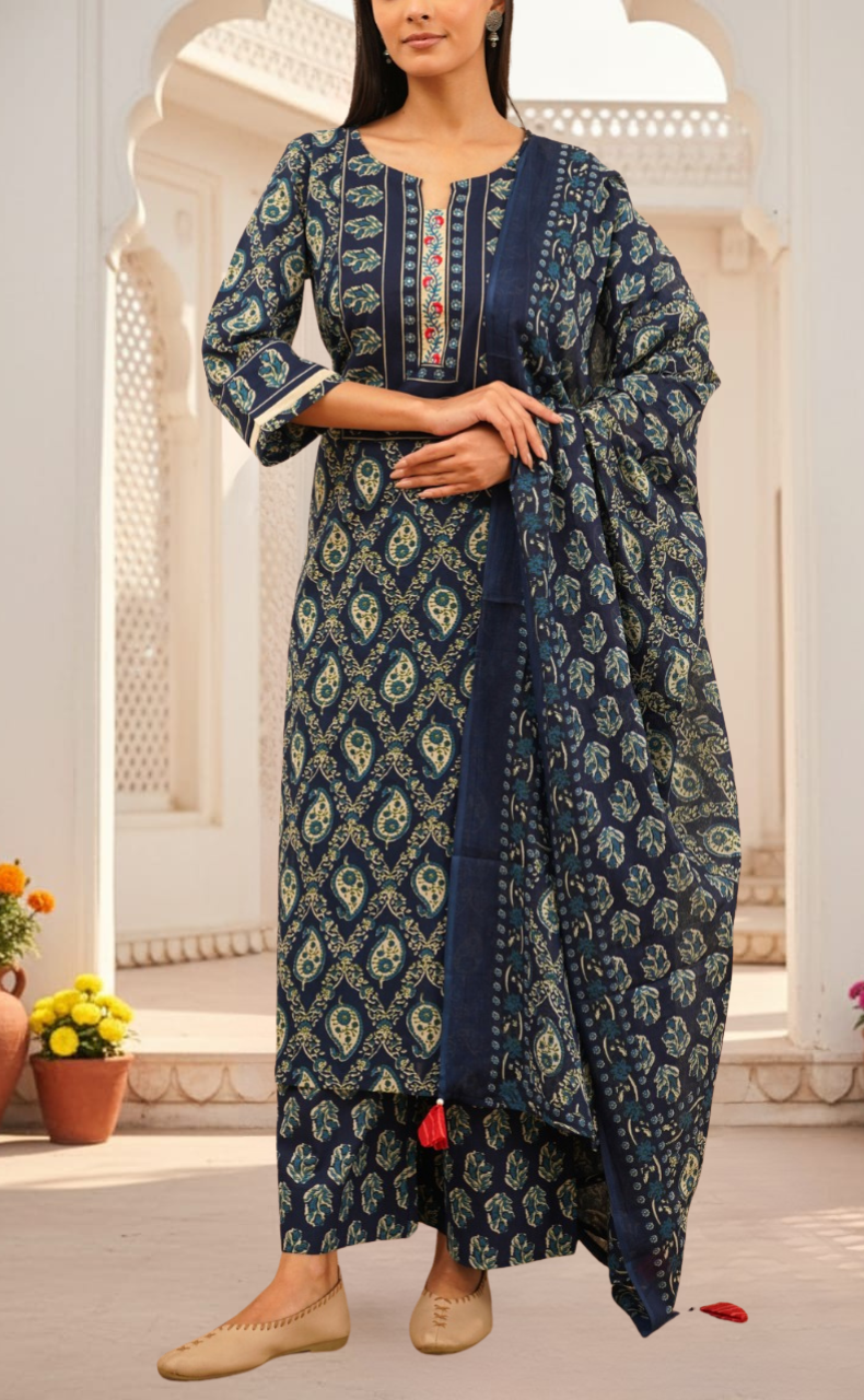 Blue Floral Jaipur Cotton Kurti With Pant And Dupatta Set. Pure Versatile Cotton. | Laces and Frills