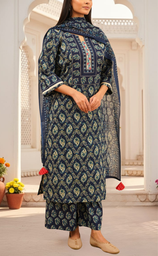 Blue Floral Jaipur Cotton Kurti With Pant And Dupatta Set. Pure Versatile Cotton. | Laces and Frills