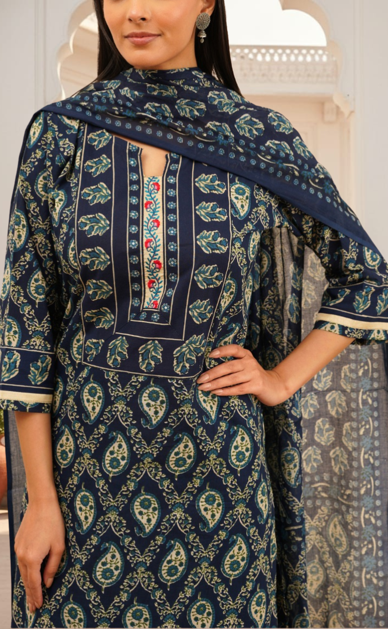 Blue Floral Jaipur Cotton Kurti With Pant And Dupatta Set. Pure Versatile Cotton. | Laces and Frills