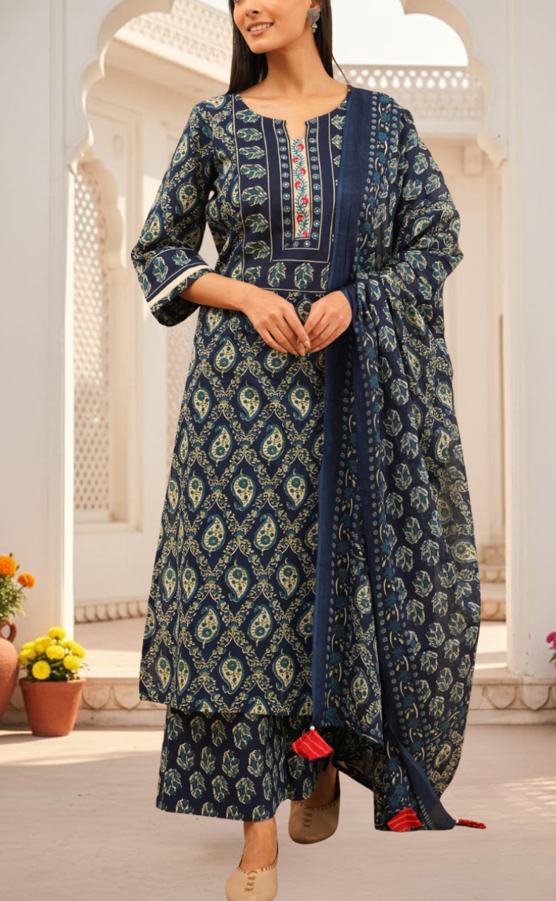 Blue Floral Jaipur Cotton Kurti With Pant And Dupatta Set. Pure Versatile Cotton. | Laces and Frills