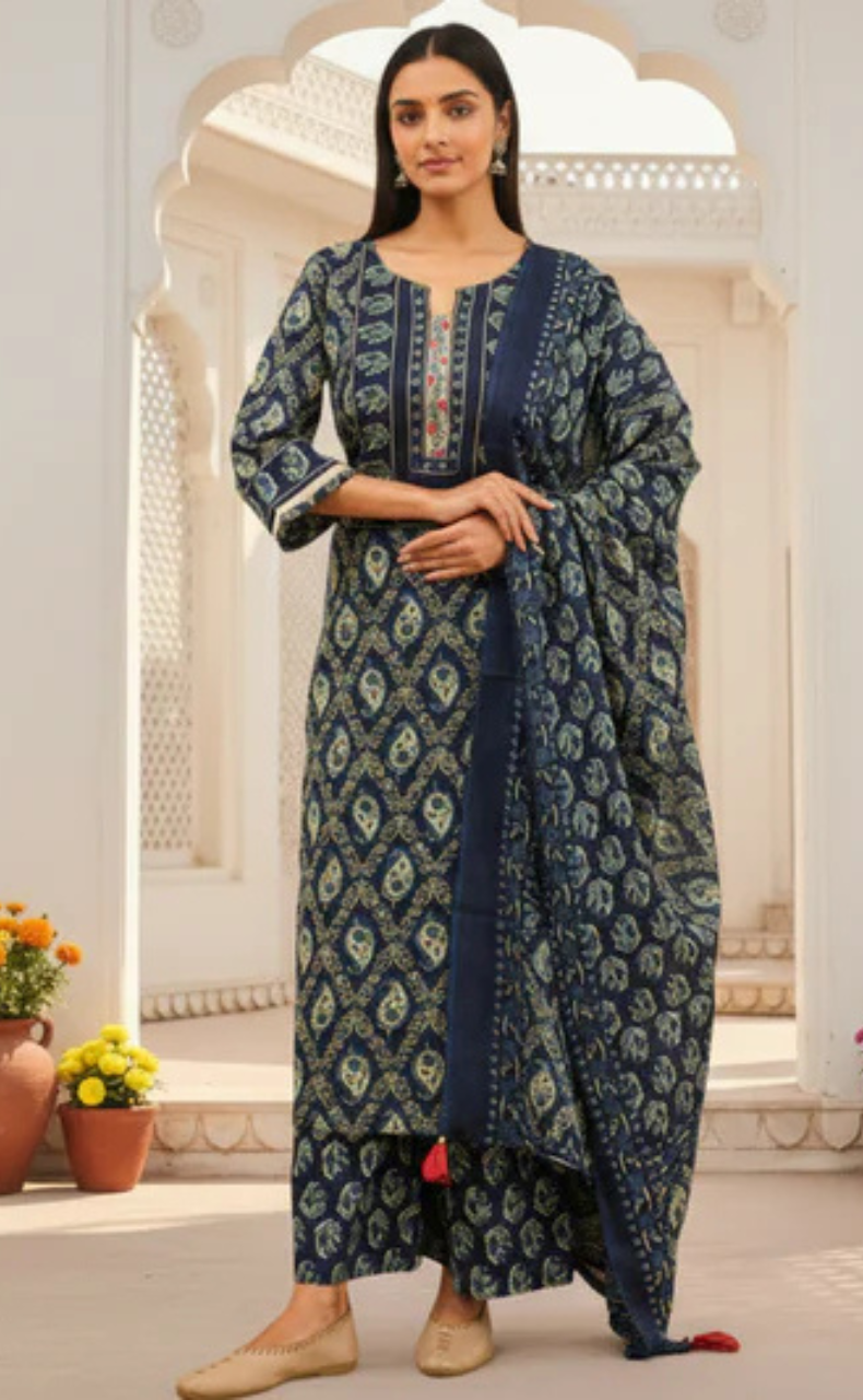 Blue Floral Jaipur Cotton Kurti With Pant And Dupatta Set. Pure Versatile Cotton. | Laces and Frills