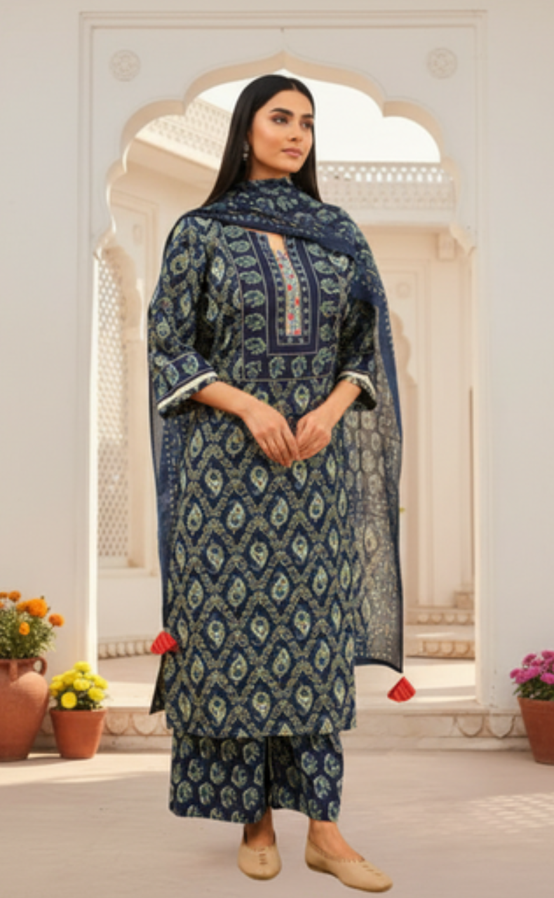 Blue Floral Jaipur Cotton Kurti With Pant And Dupatta Set. Pure Versatile Cotton. | Laces and Frills