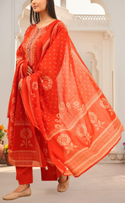 Rust Orange Floral Jaipur Cotton Kurti With Pant And Dupatta Set. Pure Versatile Cotton. | Laces and Frills