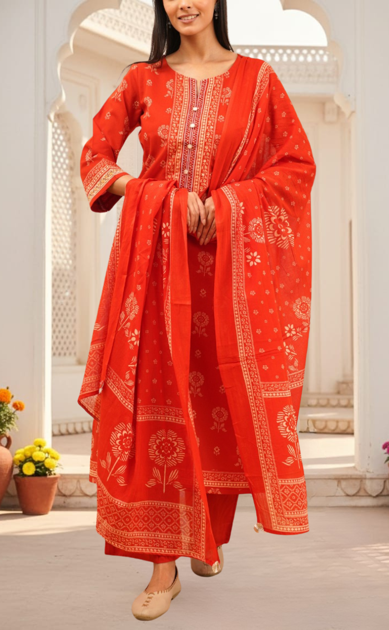 Rust Orange Floral Jaipur Cotton Kurti With Pant And Dupatta Set. Pure Versatile Cotton. | Laces and Frills
