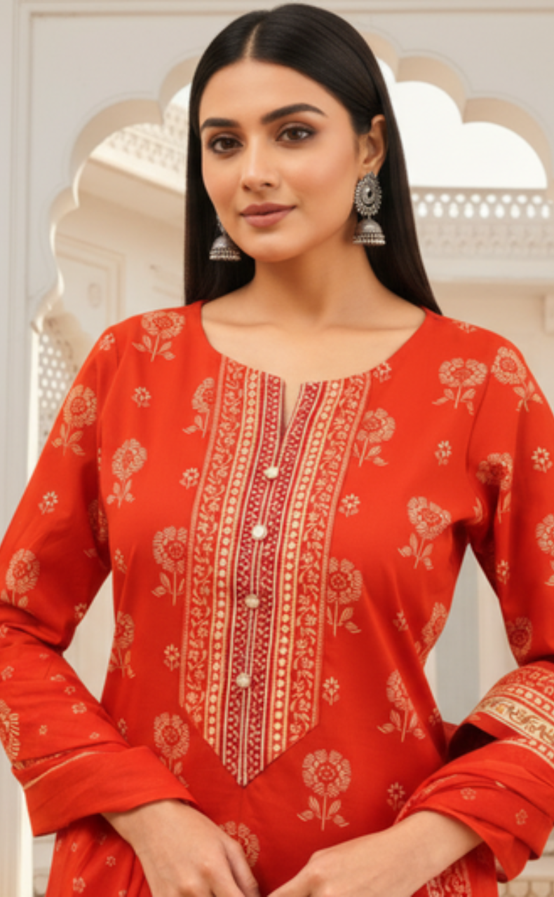 Rust Orange Floral Jaipur Cotton Kurti With Pant And Dupatta Set. Pure Versatile Cotton. | Laces and Frills