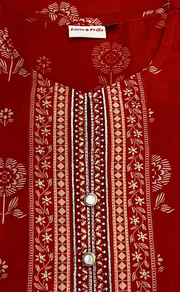 Rust Orange Floral Jaipur Cotton Kurti With Pant And Dupatta Set. Pure Versatile Cotton. | Laces and Frills