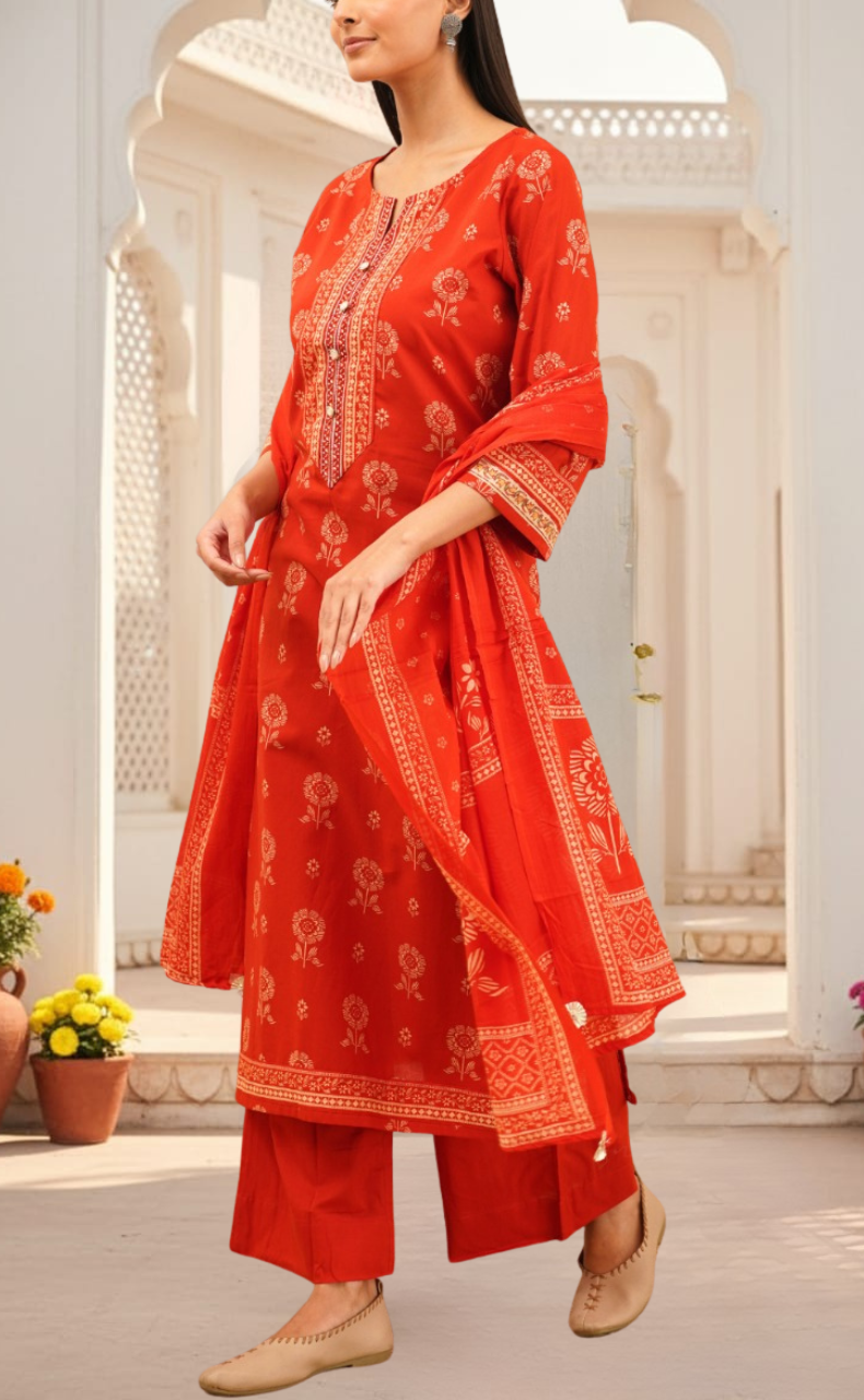 Rust Orange Floral Jaipur Cotton Kurti With Pant And Dupatta Set. Pure Versatile Cotton. | Laces and Frills