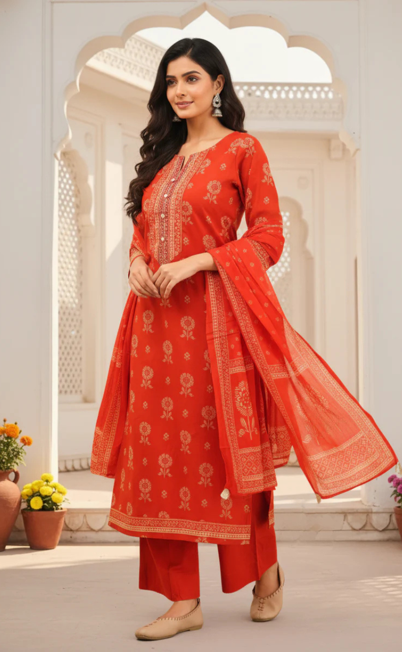 Rust Orange Floral Jaipur Cotton Kurti With Pant And Dupatta Set. Pure Versatile Cotton. | Laces and Frills