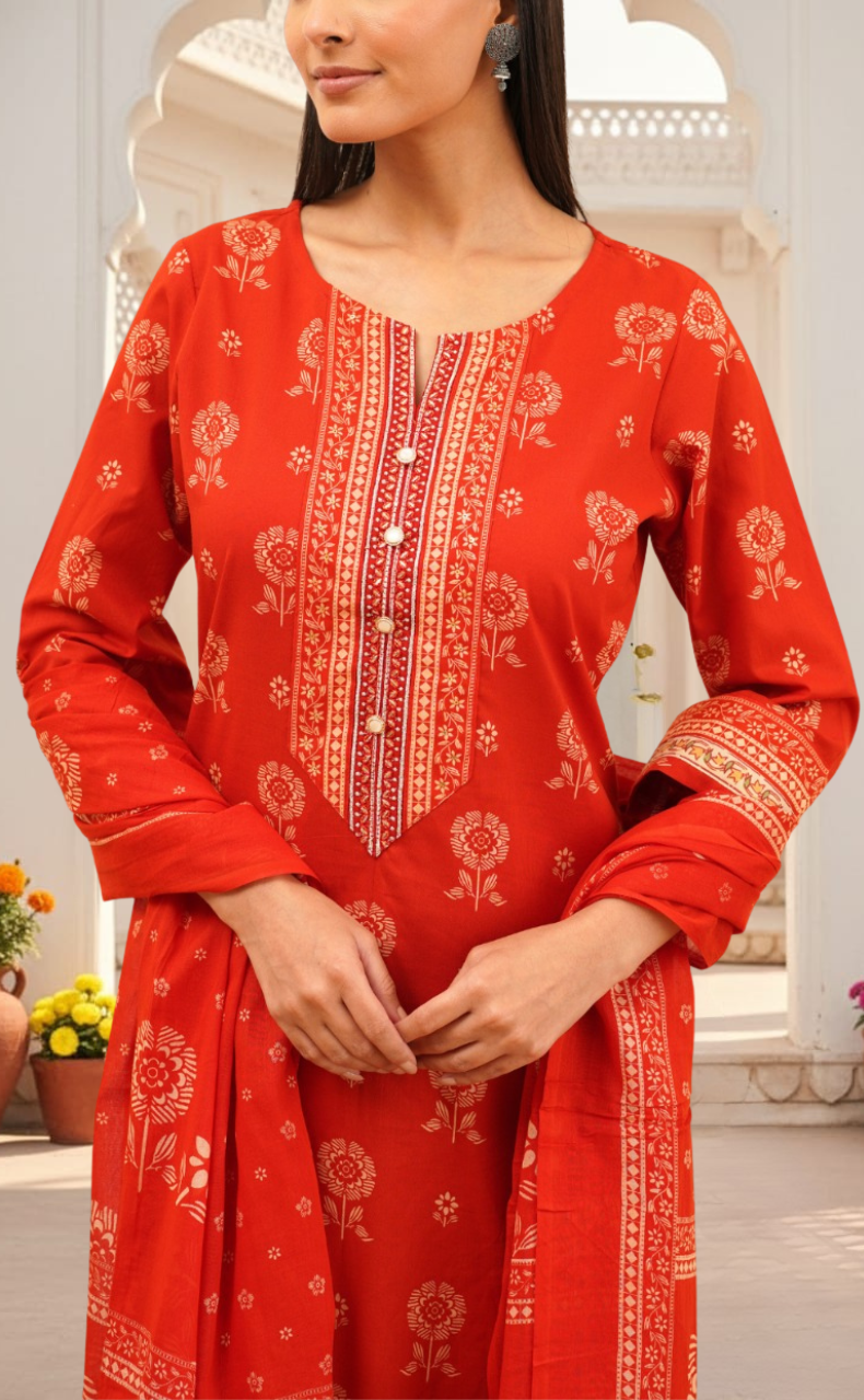 Rust Orange Floral Jaipur Cotton Kurti With Pant And Dupatta Set. Pure Versatile Cotton. | Laces and Frills
