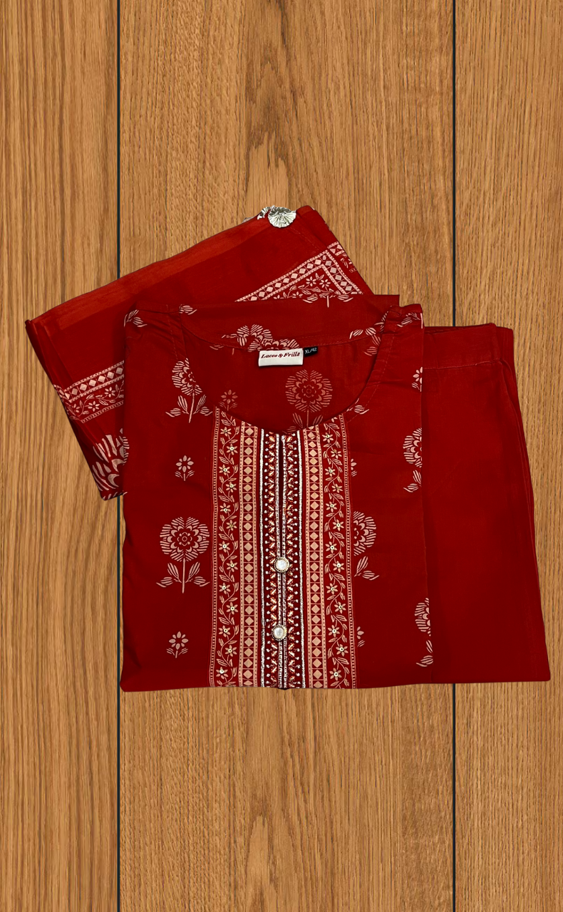 Rust Orange Floral Jaipur Cotton Kurti With Pant And Dupatta Set. Pure Versatile Cotton. | Laces and Frills