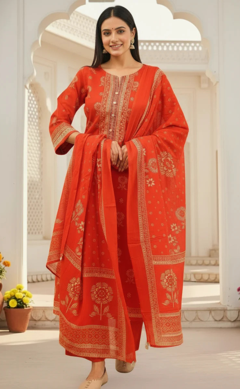 Rust Orange Floral Jaipur Cotton Kurti With Pant And Dupatta Set. Pure Versatile Cotton. | Laces and Frills