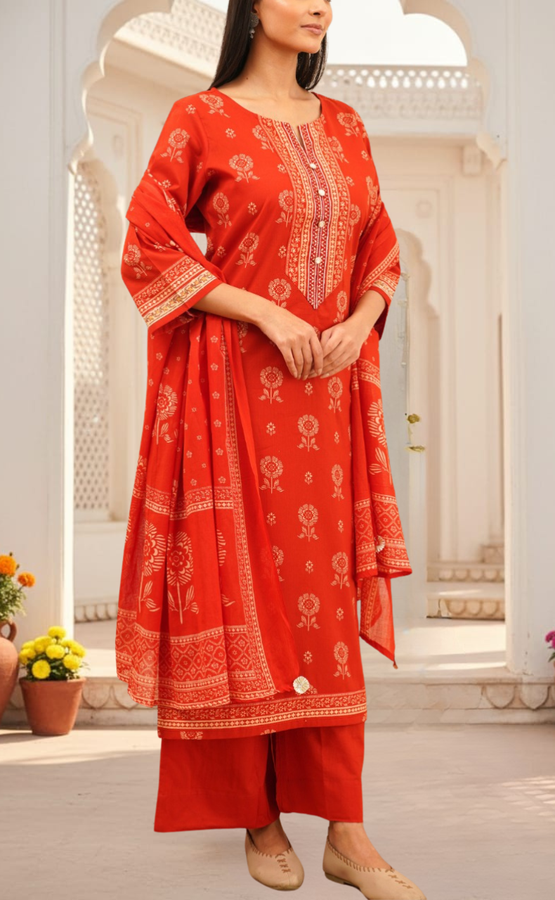 Rust Orange Floral Jaipur Cotton Kurti With Pant And Dupatta Set. Pure Versatile Cotton. | Laces and Frills