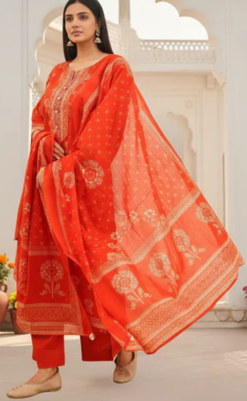 Rust Orange Floral Jaipur Cotton Kurti With Pant And Dupatta Set. Pure Versatile Cotton. | Laces and Frills