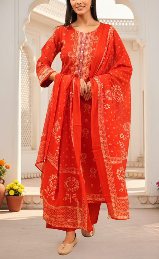 Rust Orange Floral Jaipur Cotton Kurti With Pant And Dupatta Set. Pure Versatile Cotton. | Laces and Frills
