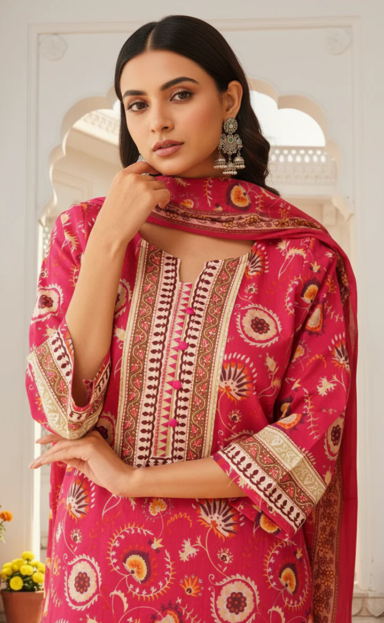 Hot Pink Garden Jaipur Cotton Kurti With Pant And Dupatta Set. Pure Versatile Cotton. | Laces and Frills