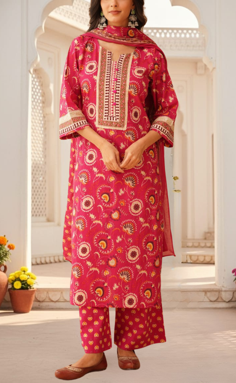 Hot Pink Garden Jaipur Cotton Kurti With Pant And Dupatta Set. Pure Versatile Cotton. | Laces and Frills