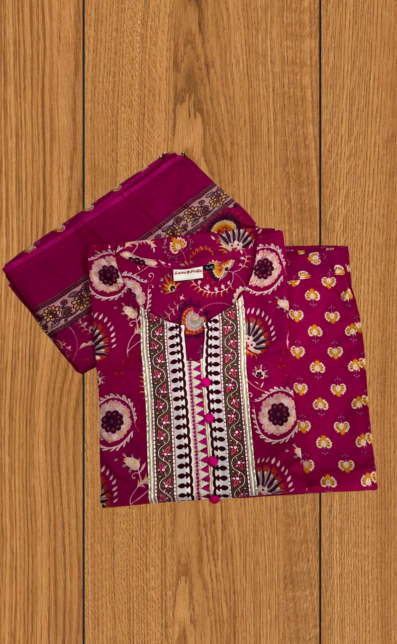 Hot Pink Garden Jaipur Cotton Kurti With Pant And Dupatta Set. Pure Versatile Cotton. | Laces and Frills