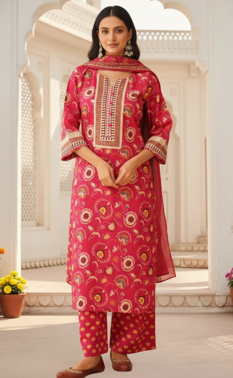 Hot Pink Garden Jaipur Cotton Kurti With Pant And Dupatta Set. Pure Versatile Cotton. | Laces and Frills