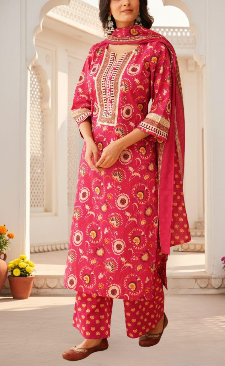 Hot Pink Garden Jaipur Cotton Kurti With Pant And Dupatta Set. Pure Versatile Cotton. | Laces and Frills