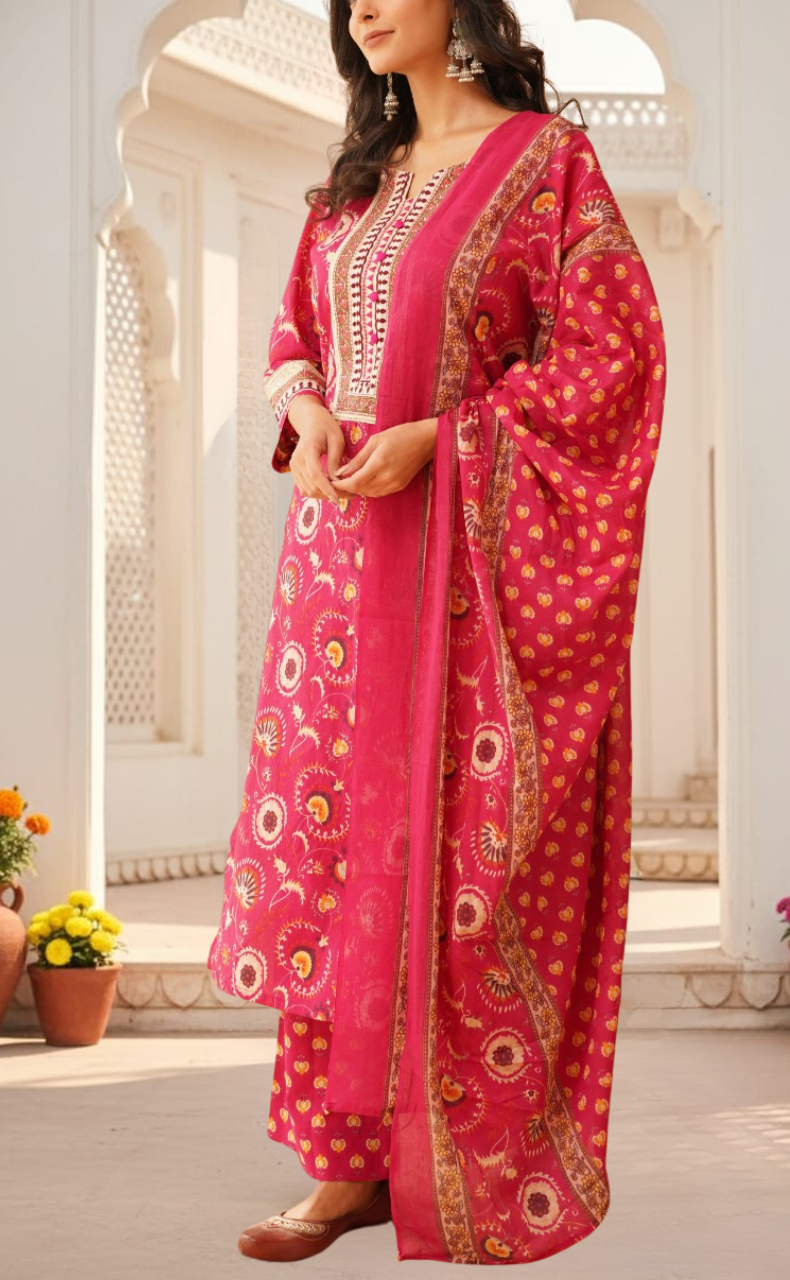 Hot Pink Garden Jaipur Cotton Kurti With Pant And Dupatta Set. Pure Versatile Cotton. | Laces and Frills