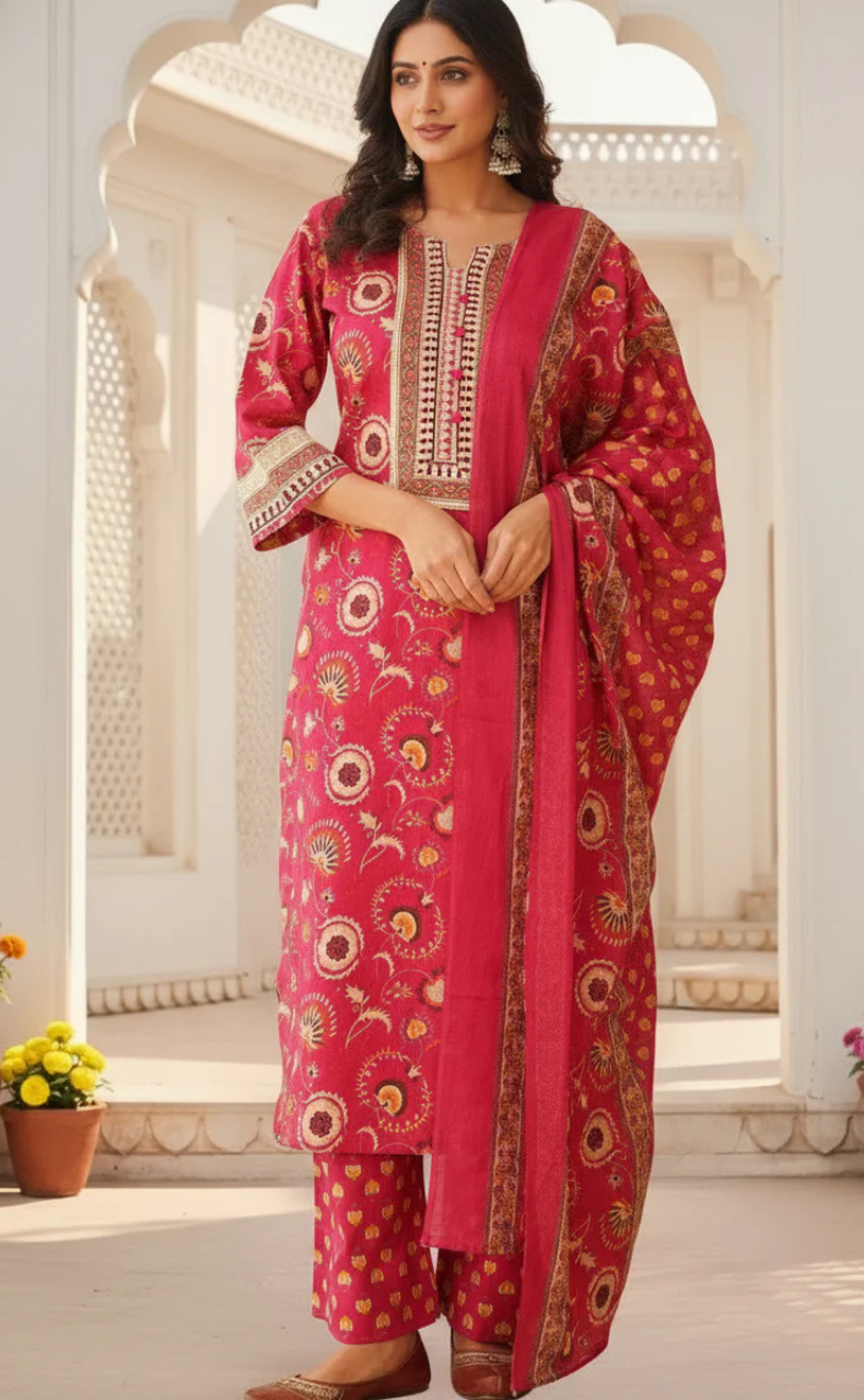 Hot Pink Garden Jaipur Cotton Kurti With Pant And Dupatta Set. Pure Versatile Cotton. | Laces and Frills