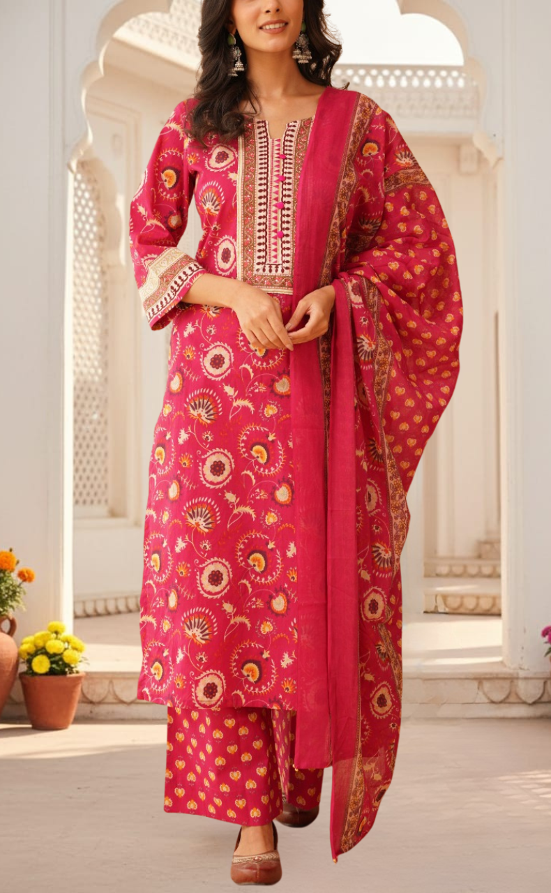 Hot Pink Garden Jaipur Cotton Kurti With Pant And Dupatta Set. Pure Versatile Cotton. | Laces and Frills