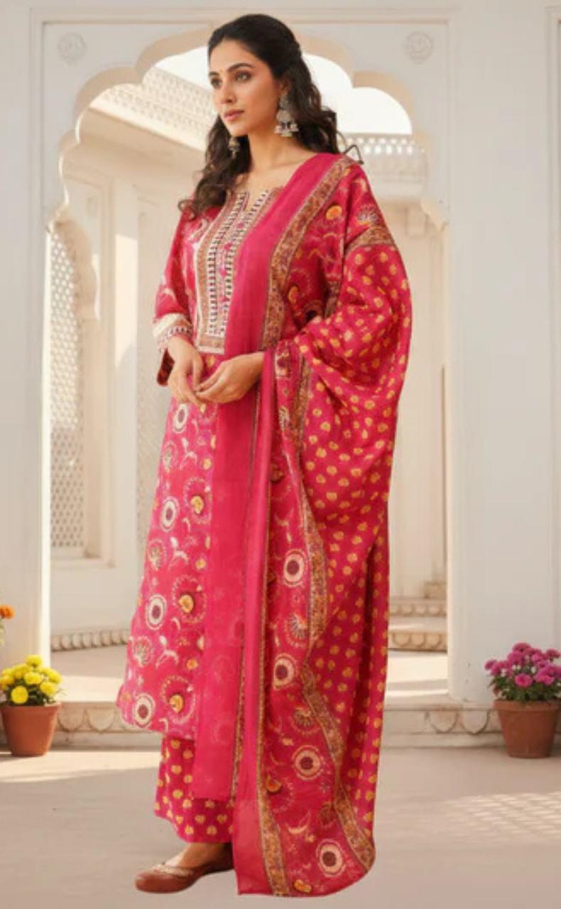 Hot Pink Garden Jaipur Cotton Kurti With Pant And Dupatta Set. Pure Versatile Cotton. | Laces and Frills